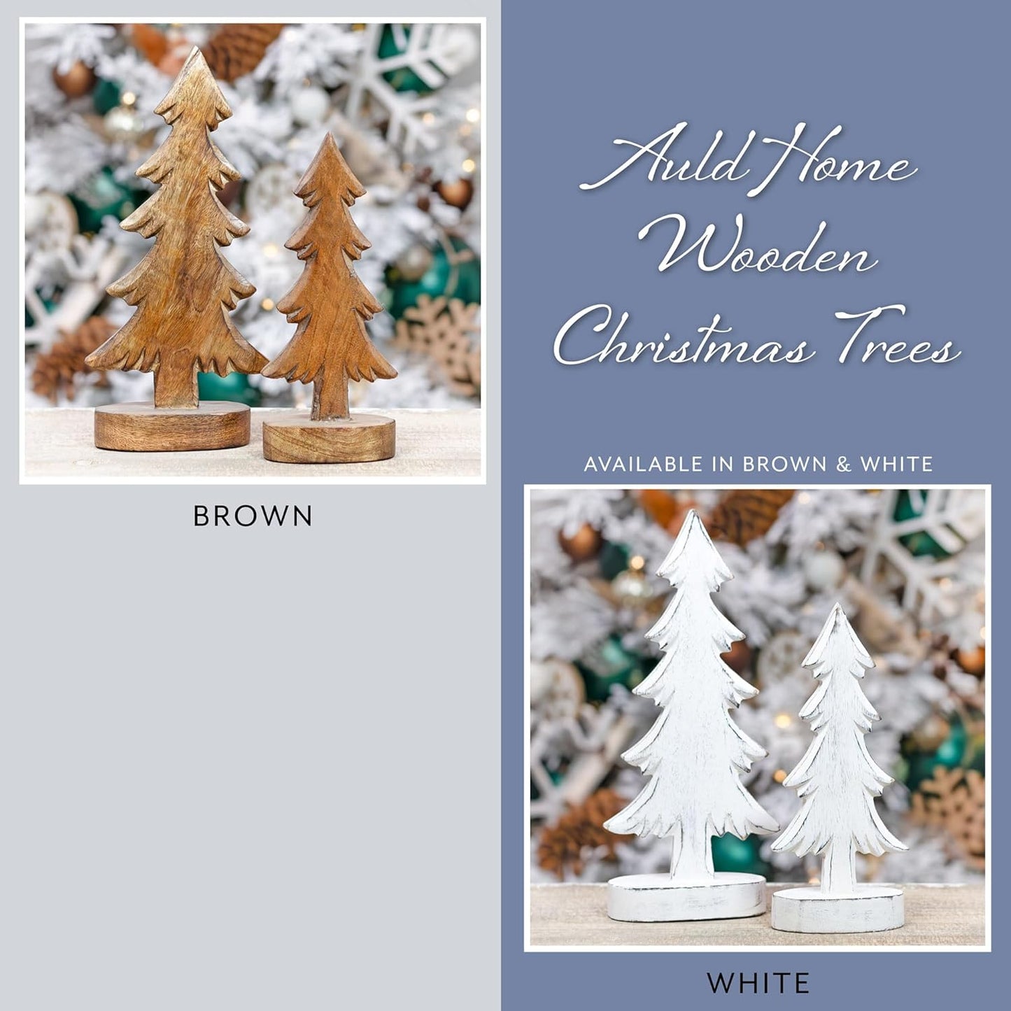 AuldHome Design Wooden Christmas Trees (Set of 2, Distressed White); Tabletop Handmade Mango Wood Trees w/Rectangular Base for Holiday Home Decor