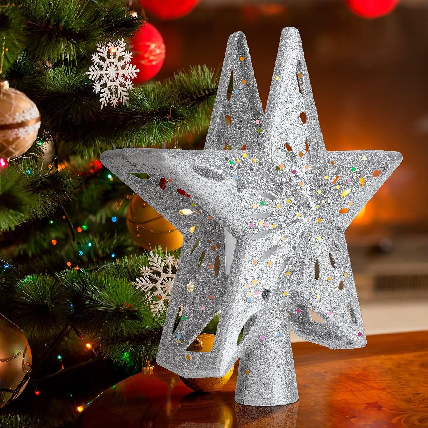 Christmas Tree Topper Lighted with 6 Patterns Projector, Christmas Tree Star Topper Built-in 3D Glitter LED Rotating Lights, Silver Tree Topper Christmas Decoration for Xmas Party Holiday