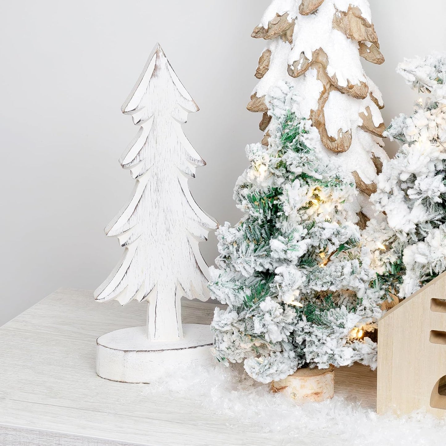 AuldHome Design Wooden Christmas Trees (Set of 2, Distressed White); Tabletop Handmade Mango Wood Trees w/Rectangular Base for Holiday Home Decor