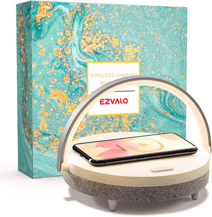 EZVALO Gift for Her, Music Table Lamp with Wireless Charger, 4 in 1 Touch Bedside Lamp, Portable Bluetooth Speaker, Phone Holder, Dimmable LED Night Light Birthday Gifts for Women, Men, Dad, Mom