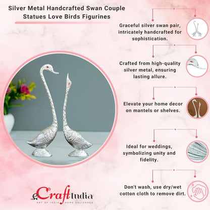 eCraftIndia Silver Metal Handcrafted Swan Couple Statues Love Birds Figurines Decorative Showpieces - Romantic Feng Shui Idols - Ideal For Wedding, New Year, Valentine's Day Gifts As Home Office Decor