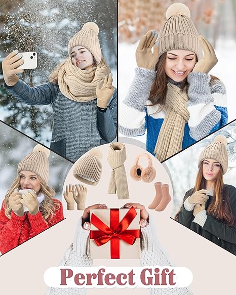 Geyoga 6 Pcs Winter Warm Set for Women Warm Beanies Hats Touchscreen Gloves Long Scarf Ear Muffs Socks Warm Gifts for Women