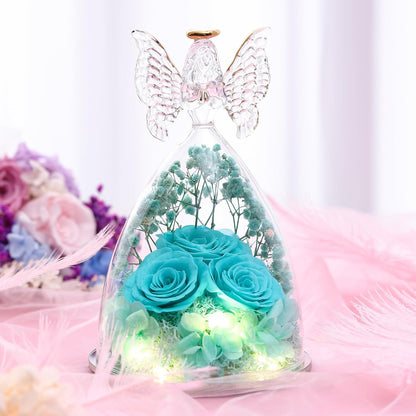 Mothers Day Rose Gifts for Her, Glass Angel Figurine with Three Roses Gifts, Preserved Forever Real Rose Gifts for Women, Angel Guardian with Rose for Valentine Day Mothers Day - Tifny Blue