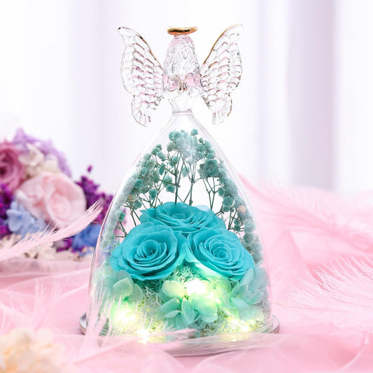 Mothers Day Rose Gifts for Her, Glass Angel Figurine with Three Roses Gifts, Preserved Forever Real Rose Gifts for Women, Angel Guardian with Rose for Valentine Day Mothers Day - Tifny Blue