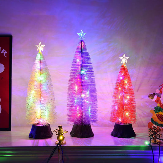 3pcs Small Christmas Tree, Artificial Christmas Trees with Light, Multicolor Mini Pine Needle Xmas Pine Trees, Star Treetop, for Home, Office, Shops, and Hotel,Christmas Decoration (Puple+Yellow+Red)