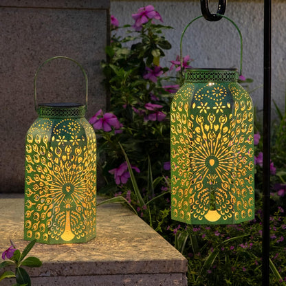 Homeimpro Outdoor Solar Lanterns Waterproof Peacock Big Solar Hanging Lights for Gardening Gift, Yard Art, Outside, Patio, Birthday, Mothers' Day Gifts (2Pack, Antique Green)