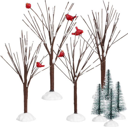 Geosar 8 Pieces Christmas Village Trees Set Christmas Village Accessories Decor Bare Branch Miniature Snow Frost Trees Home Table Top Decoration