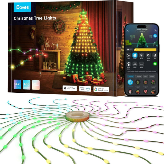 Govee Christmas Tree Lights, Smart RGBIC 480 LEDs Christmas Lights Outdoor, 6.6ft × 24 String Lights for Holiday Decor, IP65 Waterproof, Music Sync, Voice Control, 60+ Scene Modes, Green Wire