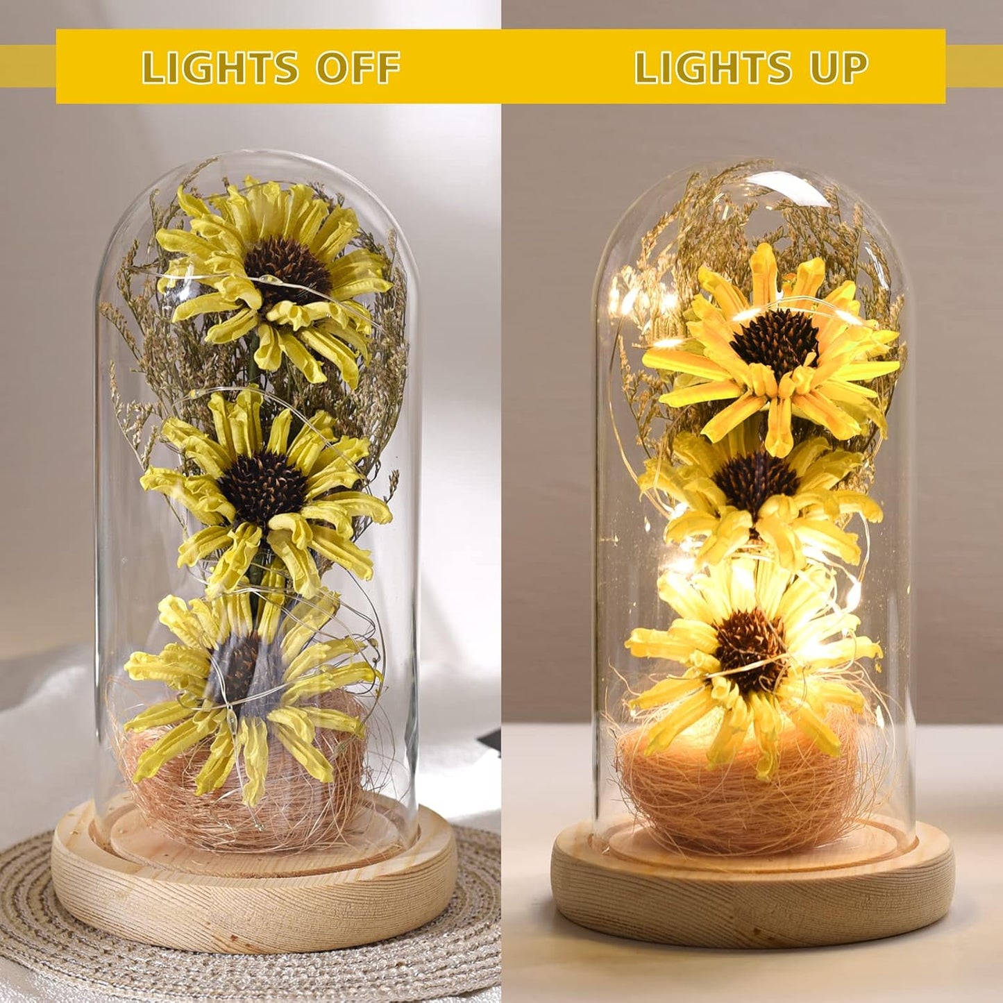 Sunflower Gifts for Women, Artificial Sunflowers in Glass Dome with LED Strip, 1PSC Sunflower Decor on Mother's Day, Valentine's Day, Christmas, Thanksgiving, Birthday (Yellow)