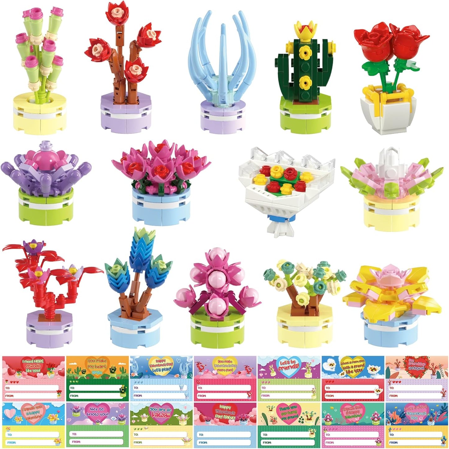 Valentines Day Gifts for Kids Classroom School, Valentines Day Building Blocks, Succulents Building Blocks with Valentines Day Cards for Valentine Party Favor,Toys for 3 Years Old Girls Boys, 24 Pcs