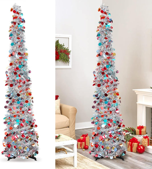 Christmas Tree, 5Ft Artificial Christmas Tree Decorations Pencil Xmas Tree for Home Party Office Fireplace Holiday Decorations (Silver)