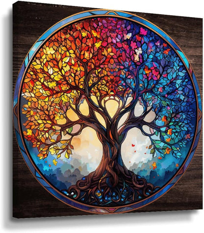 Tree of Life Stained Glass Canvas Posters Wall Art Big Tree Suncatcher Country Framed Canvas Pictures Print Room Decorations Art Work Housewarming Gift for Restaurant Spa Dorm Room 12x12in