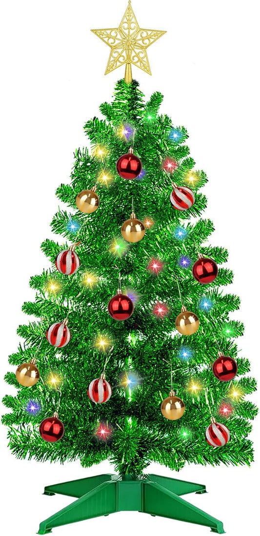 [ 12 Light Modes & Timer ] 3 FT Green Tinsel Christmas Tree with 50 Warm White & Multi Color Fariy Light 3D Star 15 Ball Ornament, Artificial Christmas Tree Pencil Full Tree Xmas Holiday Decor Indoor