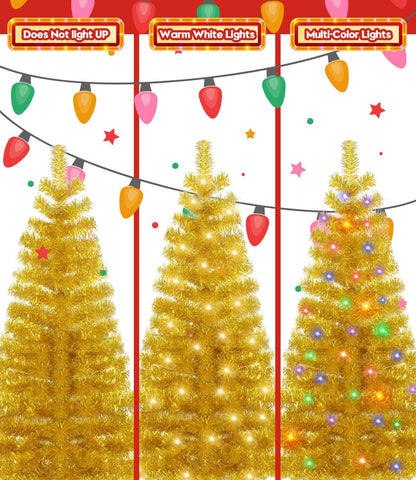 Pre-Lit Artificial Christmas Tree, Warm White Lights, Colorful Lights, Includes Stand, 4 feet (Gold)