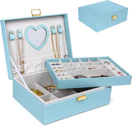 Dajasan Jewelry Box for Teenage Girl Gifts, Jewelry Organizer Box for Little Girls Kids, 2-Layer Large Jewelry Gift Box for Christmas, Valentine's Day, Birthday, Mother's Day (Blue)