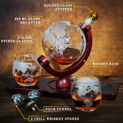 Gifts for Men Dad Christmas, PONPUR Whiskey Decanter Globe Set with 2 Ball Stones & 2 Glasses, Anniversary Birthday Gifts for Him Husband Boyfriend Brother, Cool Stuff Gift for Bourbon Scotch