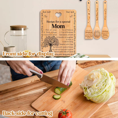 Gifts for Mom - "Recipe for a Special Mom" Mom Christmas Gifts Cutting Board Set, Bamboo-Made Engraved Utensil Set Christmas Gifts for Mom, Mom Birthday Gifts