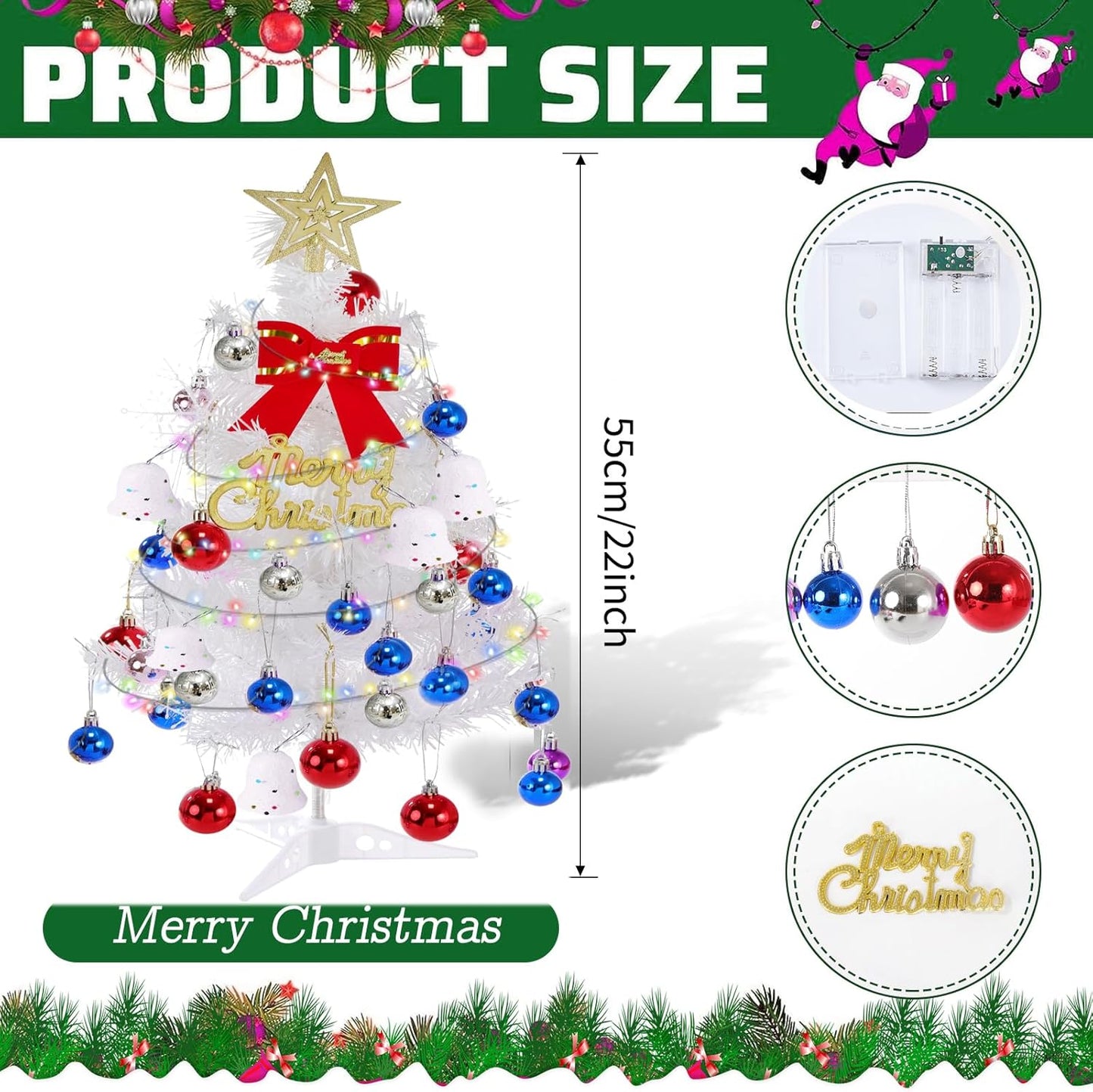 Tabletop Christmas Tree,Mini White Christmas Tree with Lights,Small White Christmas Tree（Christmas Ball Decoration, Star Treetopper, Gift Boxes, Ball Christmas Decorations,Gift for Christmas