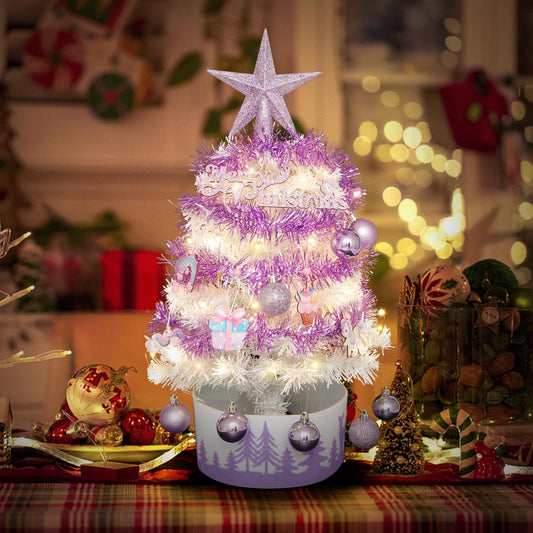 23" Artificial Mini Christmas Tree with Lights, 2FT Tabletop Christmas Tree with Star Treetop Ball Cartoon Hanging Ornaments for DIY Christmas Home Party Decoration Gifts (Purple)