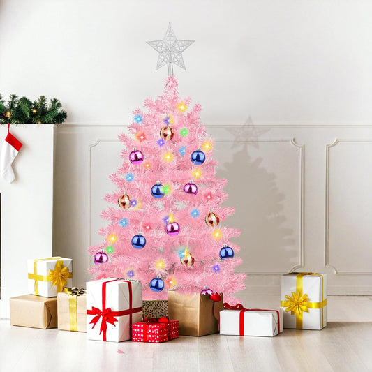 3 Ft Premium Pink Christmas Tree Dual Color Change 12 Modes Timer DIY 50 Warm White & Multicolor Lights 15 Ball Ornaments Star Artificial Small Full Xmas Tree Battery Operated Table Home Indoor