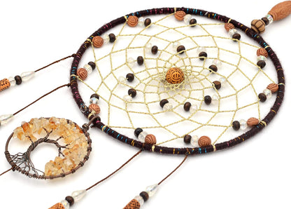 Urdeoms Brown Dream Catchers Tree of Life Boho Dreamcatcher for Bedroom Adult with Feathers and Citrine Crystal Wall Hanging Decor for Home Festival Blessing Gifts 18" Length (NO.11)