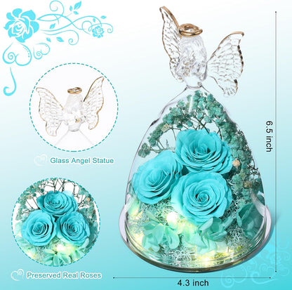 Mothers Day Rose Gifts for Her, Glass Angel Figurine with Three Roses Gifts, Preserved Forever Real Rose Gifts for Women, Angel Guardian with Rose for Valentine Day Mothers Day - Tifny Blue