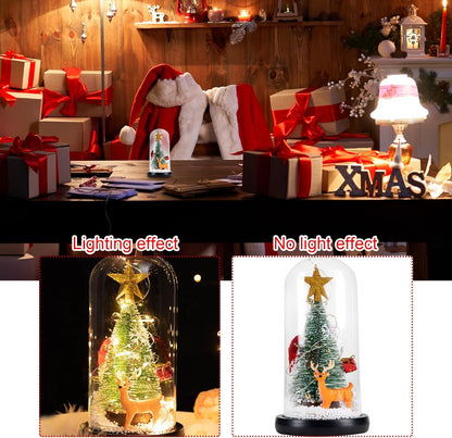 LED Christmas Tree in Glass Dome with Reindeer 8.7 Inch Glass Christmas Tree with String Lights Xmas Gifts for Kids, Girls on New Year, Birthday, Christmas Decorations