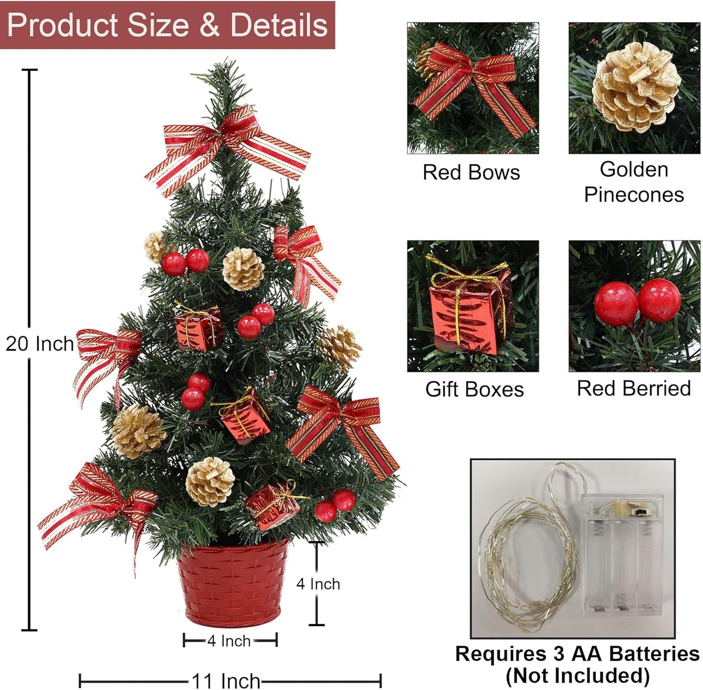 2 Pack Mini Christmas Tree with Lights Timer Table Top Small Christmas Tree Tabletop Xmas Trees Decorated Bows Gold Pinecones Basket Base Lighted Christmas Decorations Desk Room Office Home Decor 20"