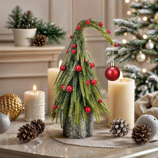 12" Whimsical Curved Christmas Tree with Red Balls, Mini Tabletop Xmas Tree, Artificial Festive Centerpiece with Small Red Ornaments for Home Indoor Decor (1PC)