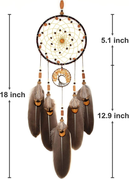 Urdeoms Brown Dream Catchers Tree of Life Boho Dreamcatcher for Bedroom Adult with Feathers and Citrine Crystal Wall Hanging Decor for Home Festival Blessing Gifts 18" Length (NO.11)