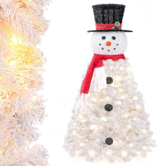 Decoway Christmas Tree Pre-lit Snowman-Shaped Artificial White Christmas Tree with LED Lights