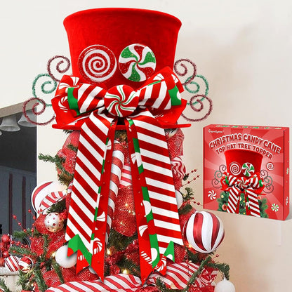 Christmas Candy Canes Tree Topper Red Hat with Peppermint Bows Ornament Winter Lollipop Holiday Home Decoration Xmas Festive Gift Ideas Supplies