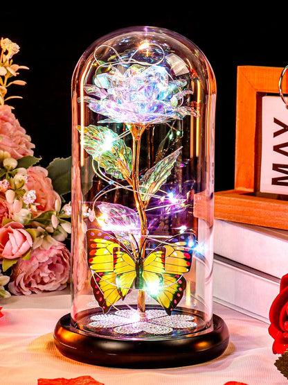 Valentines Day Gifts for Her, Galaxy Glass Rose Forever Eternal Crystal Flower Light Up Rose in Glass Dome with Butterfly Birthday Valentine Gifts for Women Daughter Mom Wife Girlfriend Colorful