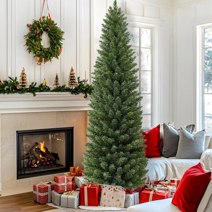 Prelit Fraser Fir 6.5 Ft Pencil Artificial Christmas Tree with 523 Lifelike Branch Tips Timer 8 Mode 220 Warm White&Colored Lights, Metal Stand, UL Plug in Slim Xmas Tree Holiday Home Indoor Outdoor