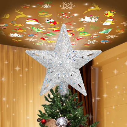 Christmas Tree Topper Lighted with 6 Patterns Projector, Christmas Tree Star Topper Built-in 3D Glitter LED Rotating Lights, Silver Tree Topper Christmas Decoration for Xmas Party Holiday