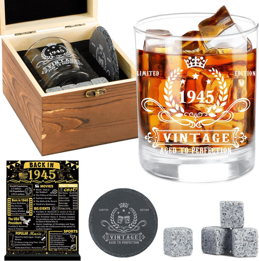 YeohJoy 80th Birthday Gifts for Men,Vintage 1945 Whiskey Glass Set,Wood Box &1945 Poster Anniversary Card & Whiskey Stones & Coaster,Bday Gifts Ideas for Him, Dad, Husband Brand