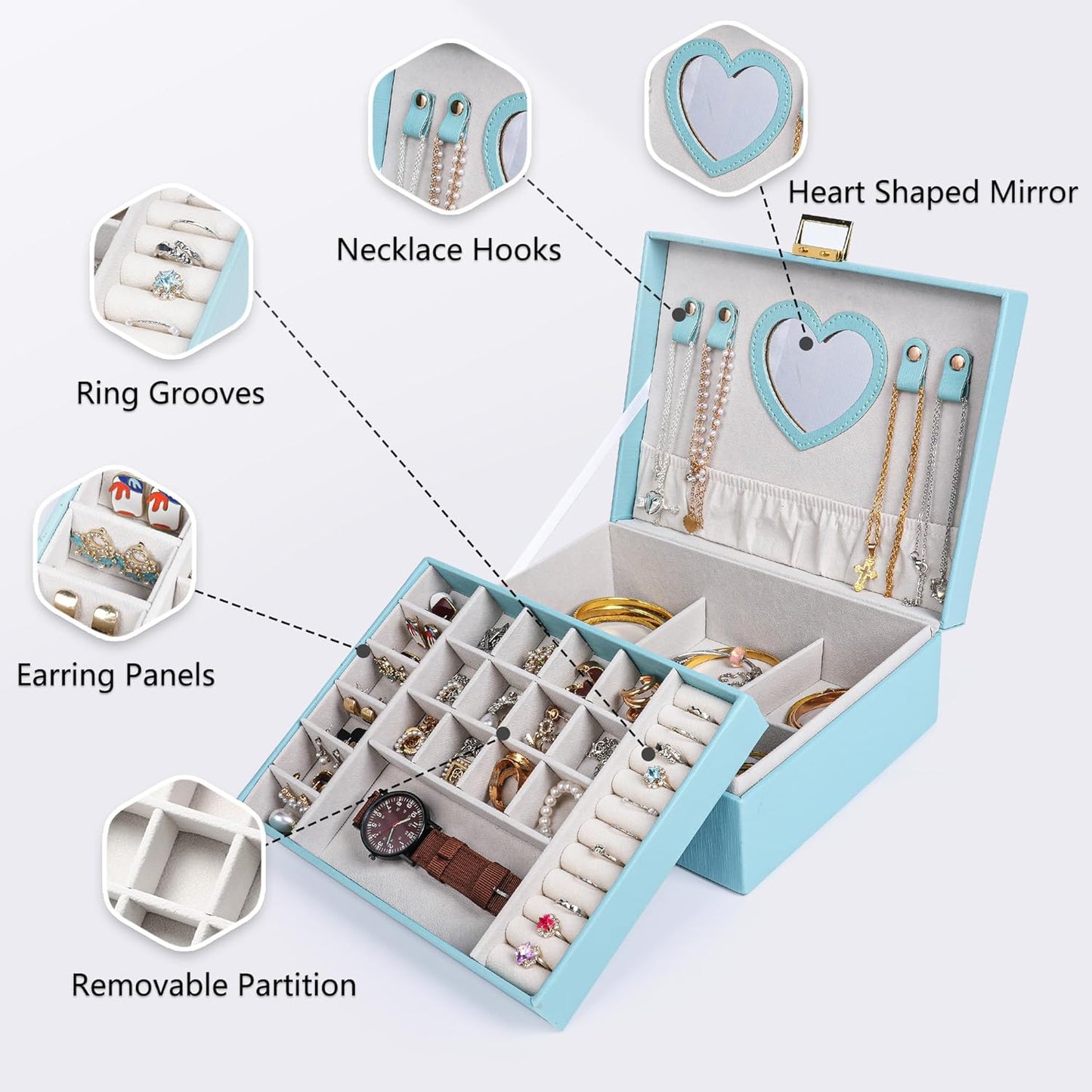 Dajasan Jewelry Box for Teenage Girl Gifts, Jewelry Organizer Box for Little Girls Kids, 2-Layer Large Jewelry Gift Box for Christmas, Valentine's Day, Birthday, Mother's Day (Blue)