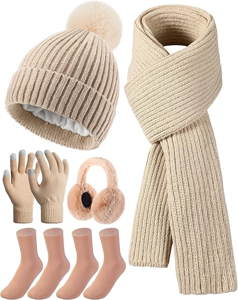 Geyoga 6 Pcs Winter Warm Set for Women Warm Beanies Hats Touchscreen Gloves Long Scarf Ear Muffs Socks Warm Gifts for Women