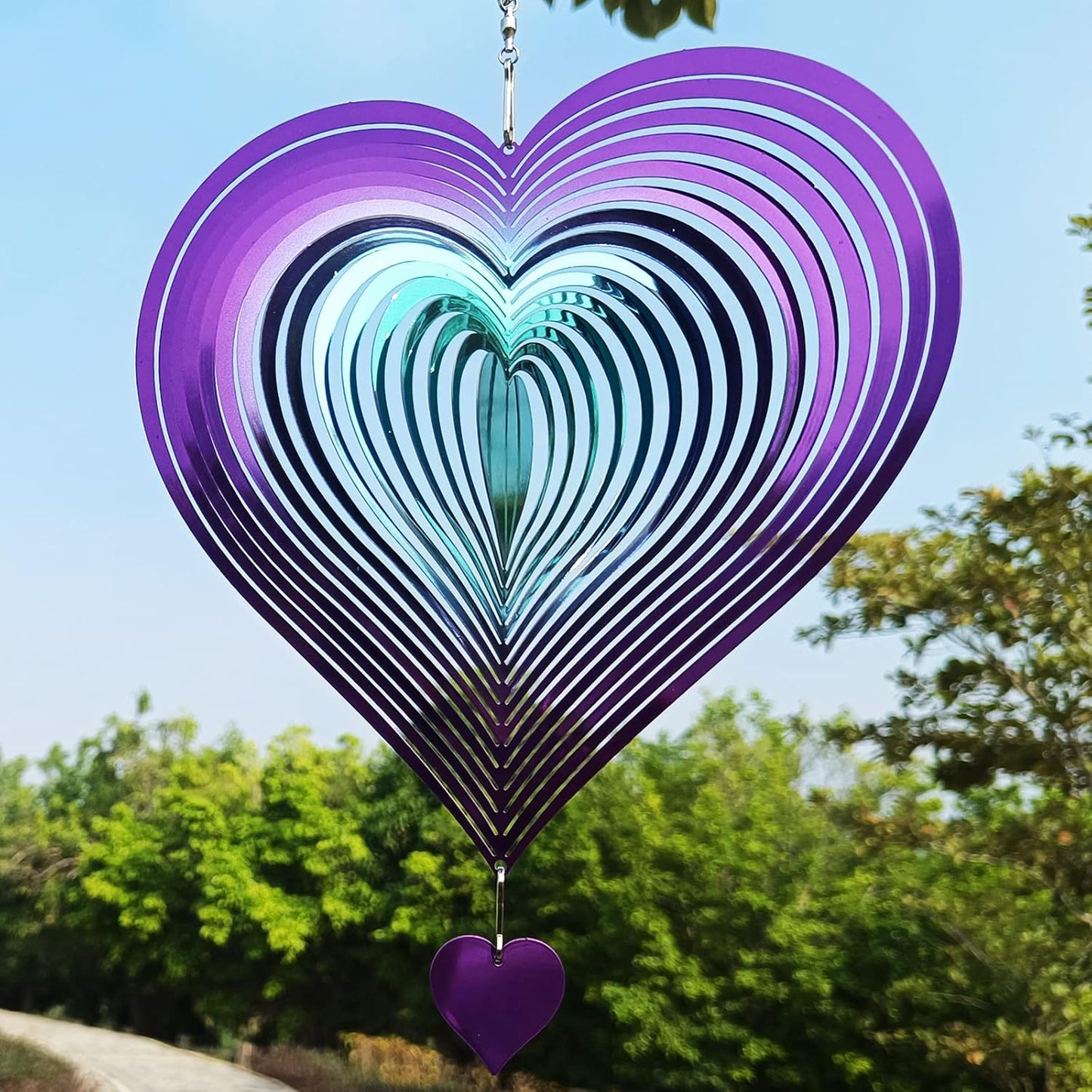 DJUAN Wind Spinner Purple-Green Gradient Love Heart 3D Metal Hanging Wind Spinners Worth Gift Stainless Steel Yard Art Decorations Indoor/Outdoor Kinetic Wind Sculptures & Spinners