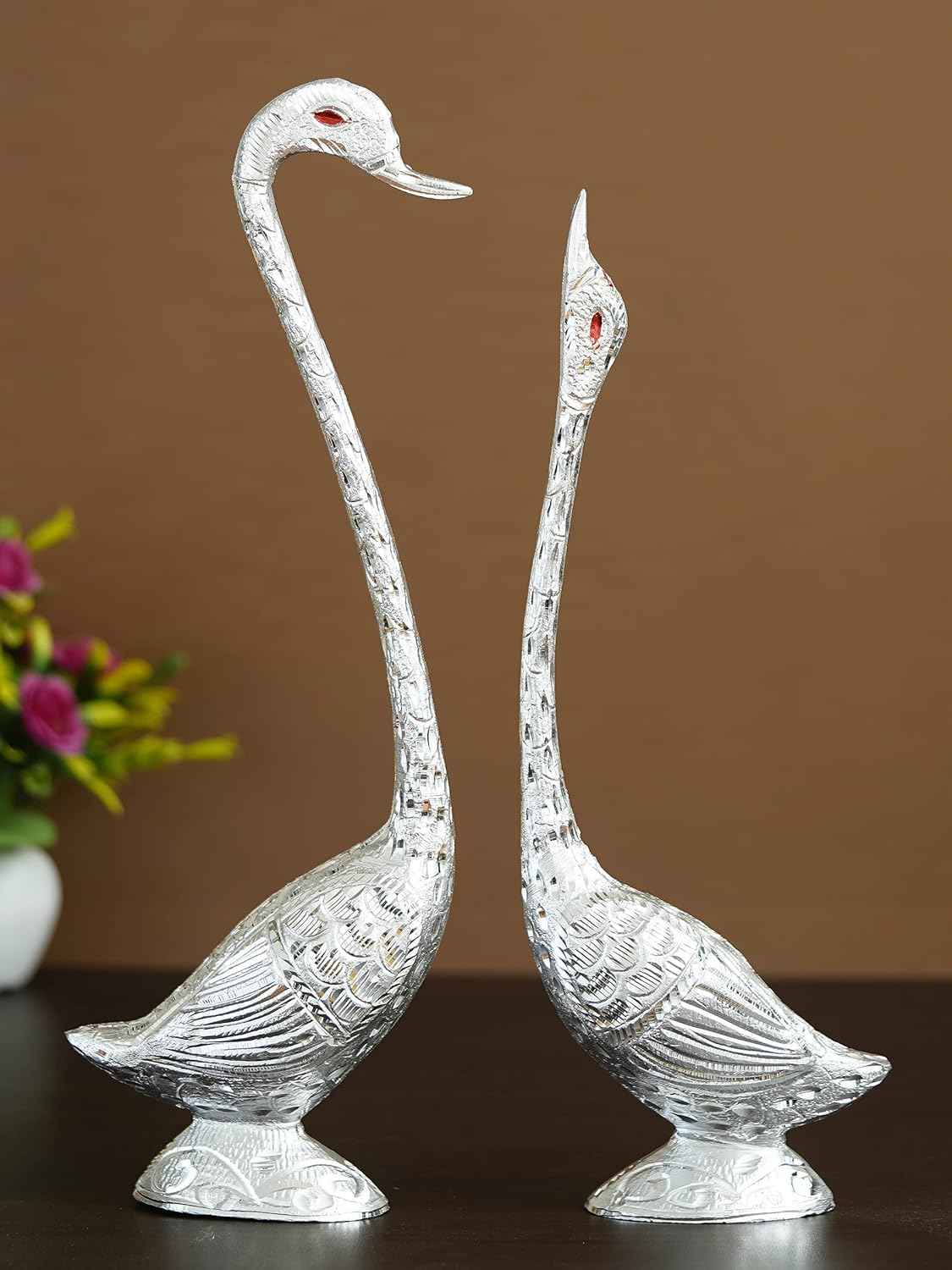 eCraftIndia Silver Metal Handcrafted Swan Couple Statues Love Birds Figurines Decorative Showpieces - Romantic Feng Shui Idols - Ideal For Wedding, New Year, Valentine's Day Gifts As Home Office Decor