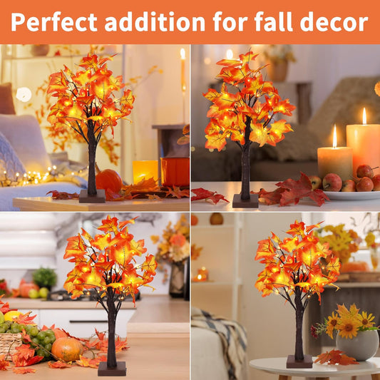 Fall Decorations for Home, 2 Pack 24”/2FT Lighted Fall Maple Leaves Tree with Warm 24 LEDs Autumn Decor, Table Fall Lighted 24 Inch Artificial Fall Ornaments Battery Powered Thanksgiving Gift