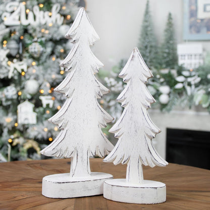 AuldHome Design Wooden Christmas Trees (Set of 2, Distressed White); Tabletop Handmade Mango Wood Trees w/Rectangular Base for Holiday Home Decor