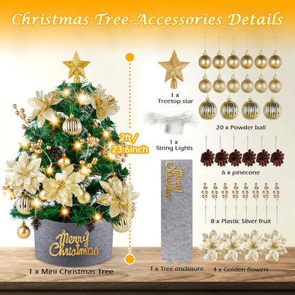 Mini Christmas Tree with Lights: 2ft Tabletop Christmas Tree, Small Artificial Xmas Tree with Star Treetopper, LED String Light & Hanging Ornaments, for Desk Christmas Decors Home Office Party