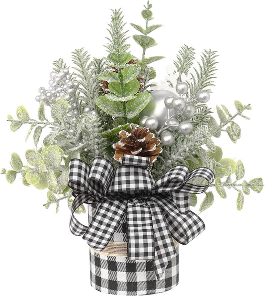 Small Buffalo Check Plaid Christmas Tree, Artificial Mini Tabletop Christmas Tree Decorations, for Home Hliday Party Xmas Decor - Black/White.