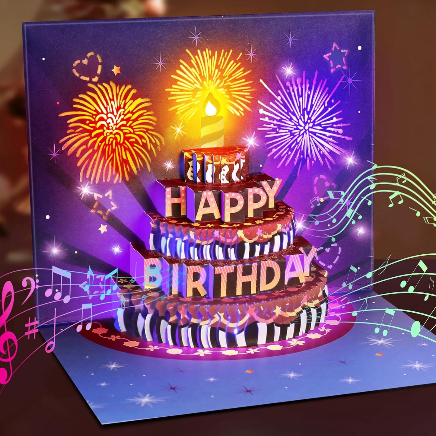 INPHER Birthday Cards Fireworks Pop Up Cake Light and Music Happy Birthday Gifts for Women, Men, Mom, Grandma