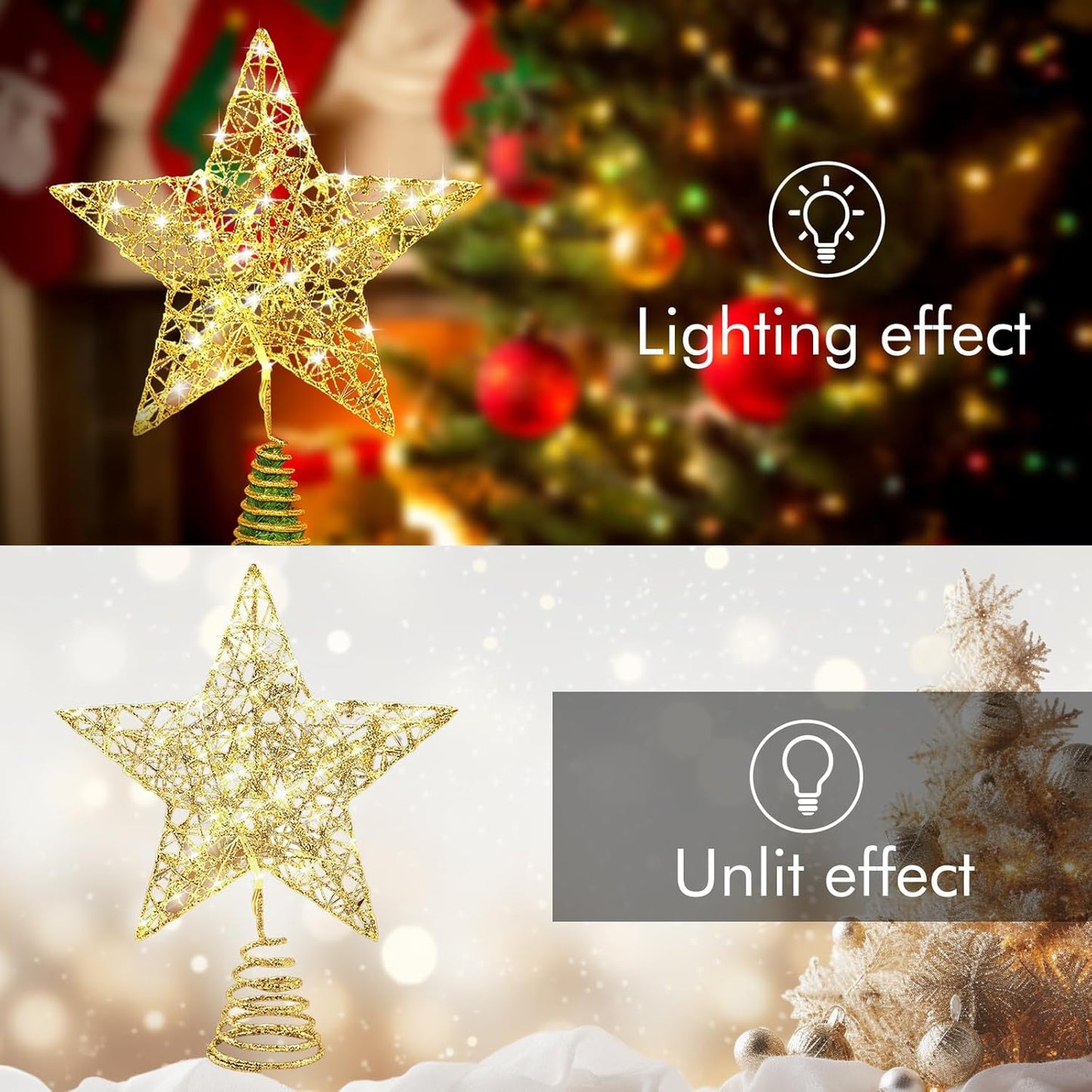 Christmas Tree Topper, 9.8 In Sparkling Star Tree Topper with 20 LED Warm Lights for Indoor Office Xmas New Year Holiday Tree Decoration(Gold)