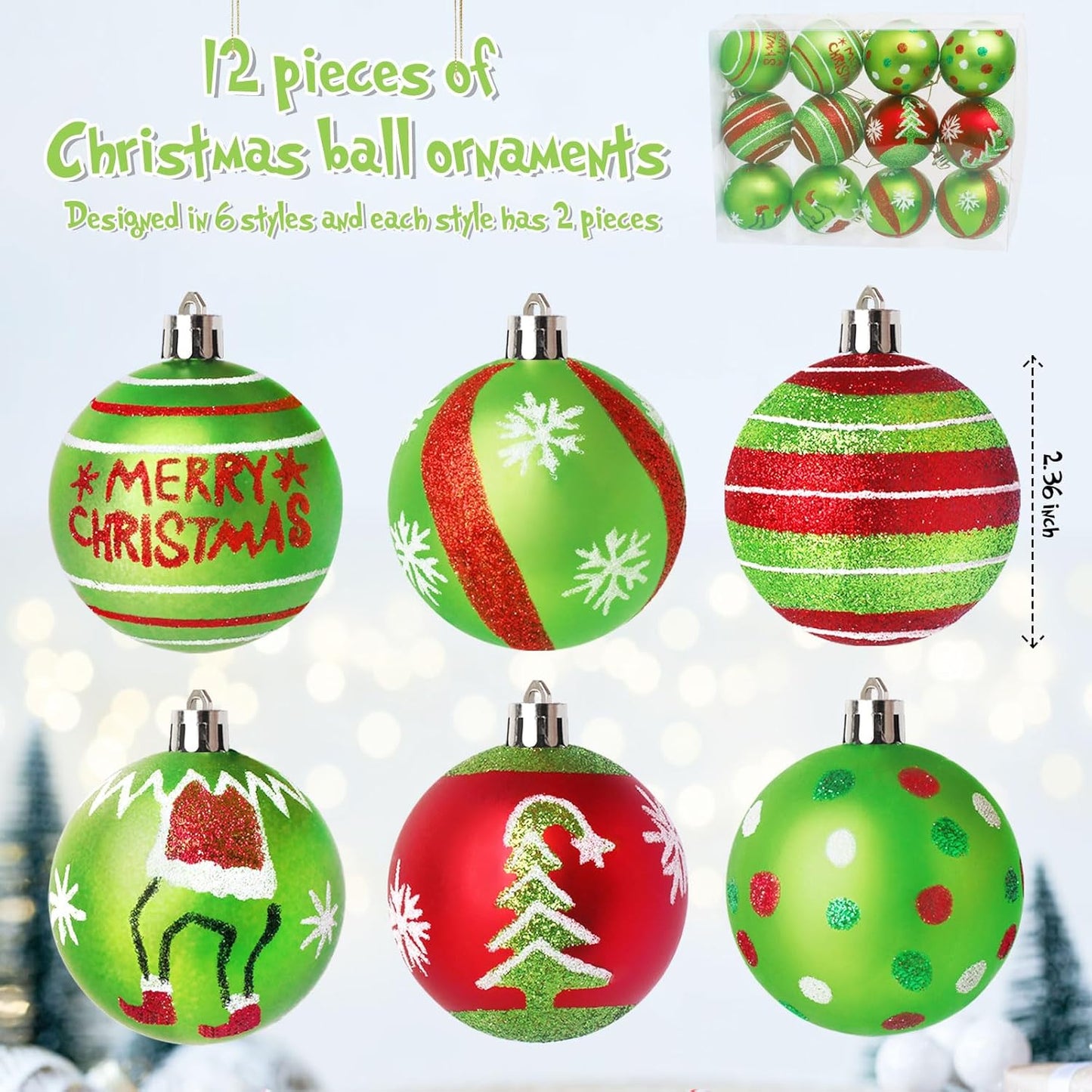 12 Pcs 2.4 Inch Christmas Ball Ornaments for Tree,Red and Green Glittering Hanging Bulbs Pendants for Christmas Tree Decorations