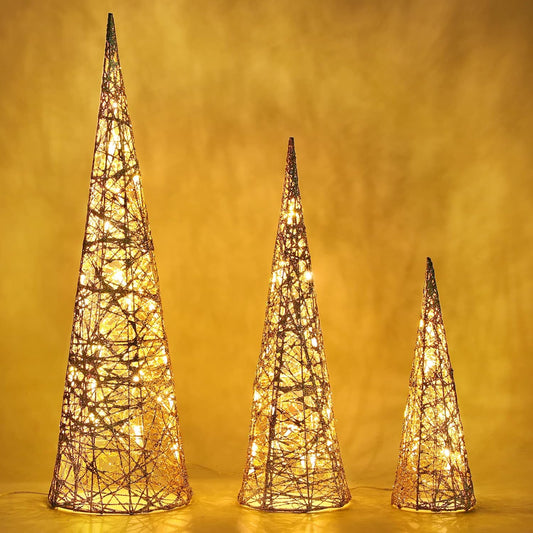 Lewondr Christmas Cone Trees, Set of 3 Christmas Tree with Lights and Glitters(24"/18"/12"), Battery Powered Decorative Winding Thread Outdoor Cone Christmas Tree for Home Holiday Xmas Décor, Gold