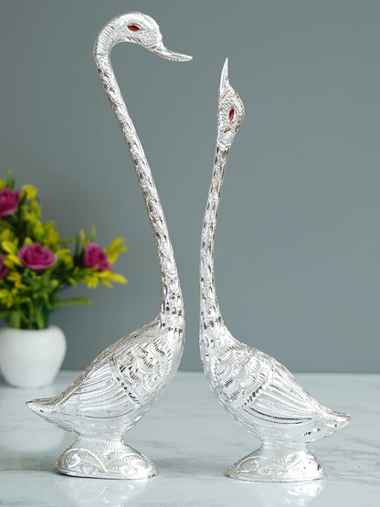 eCraftIndia Silver Metal Handcrafted Swan Couple Statues Love Birds Figurines Decorative Showpieces - Romantic Feng Shui Idols - Ideal For Wedding, New Year, Valentine's Day Gifts As Home Office Decor