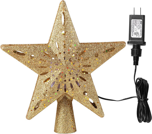 Christmas Star Tree Topper with Built-in Led Snowflake Projector Lights Hollowed Pentagram Tree Topper,Plug in Christmas Tree Ornament for Indoor Office Xmas New Year Holiday Tree Decoration